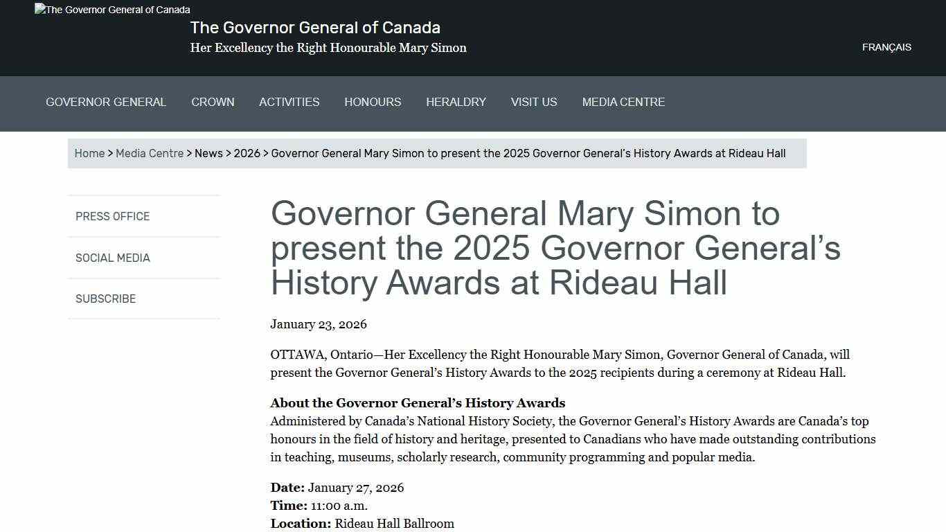 Governor General Mary Simon to present the 2025 Governor General’s History Awards at Rideau Hall The Governor General of Canada